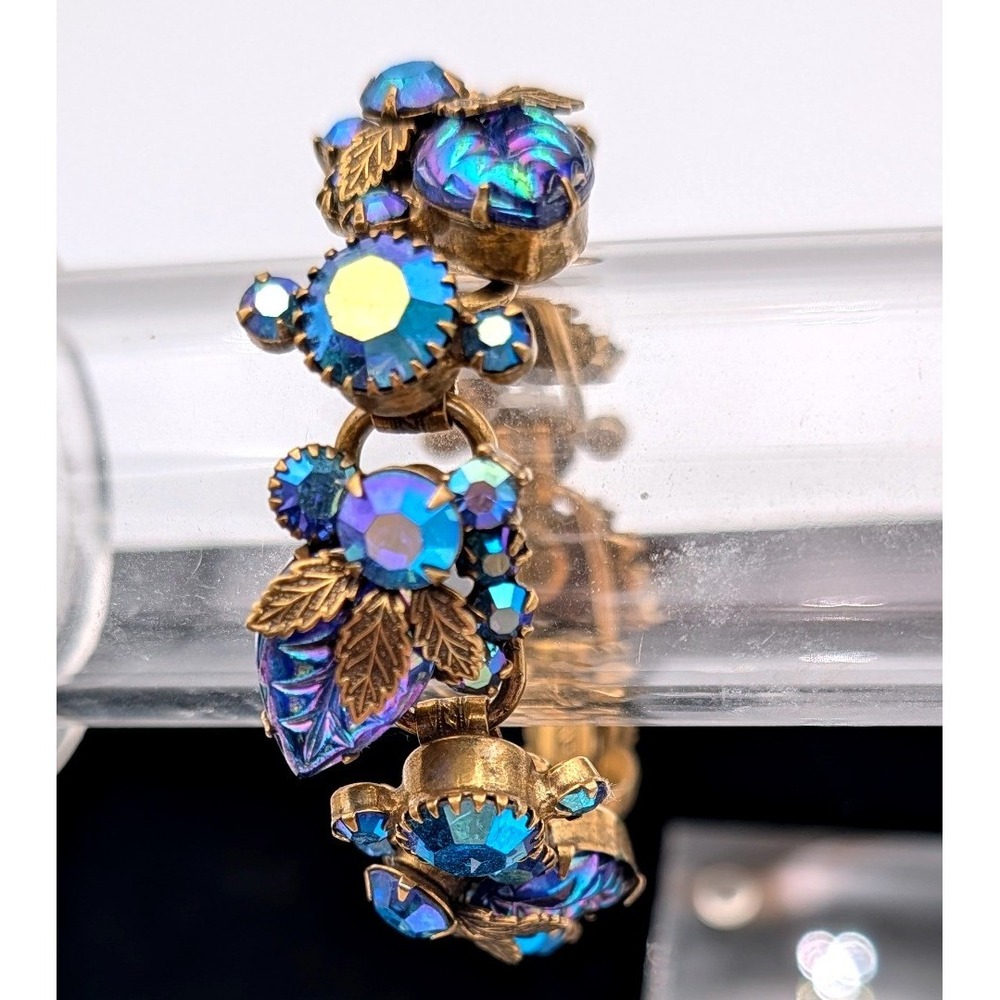 Vintage Blue Aurora Borealis Crystal Floral Gold Tone Bracelet Safety Chain